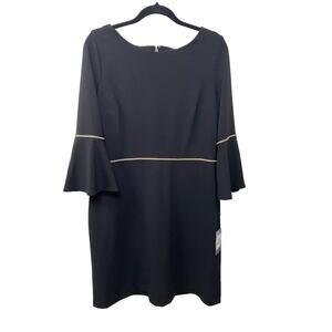 NWT‎ Tommy Hilfiger Sheath Dress 14 Black Stretch Contrast Gold Trim Bell Sleeve
